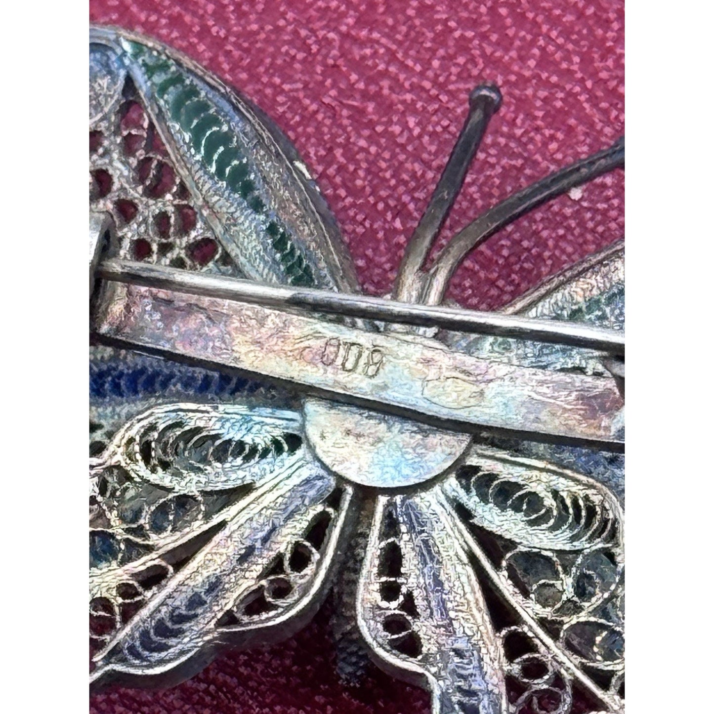 800 Silver Butterfly Brooch Filigree Enamel Blue Green 1.75” Estate VINTAGE