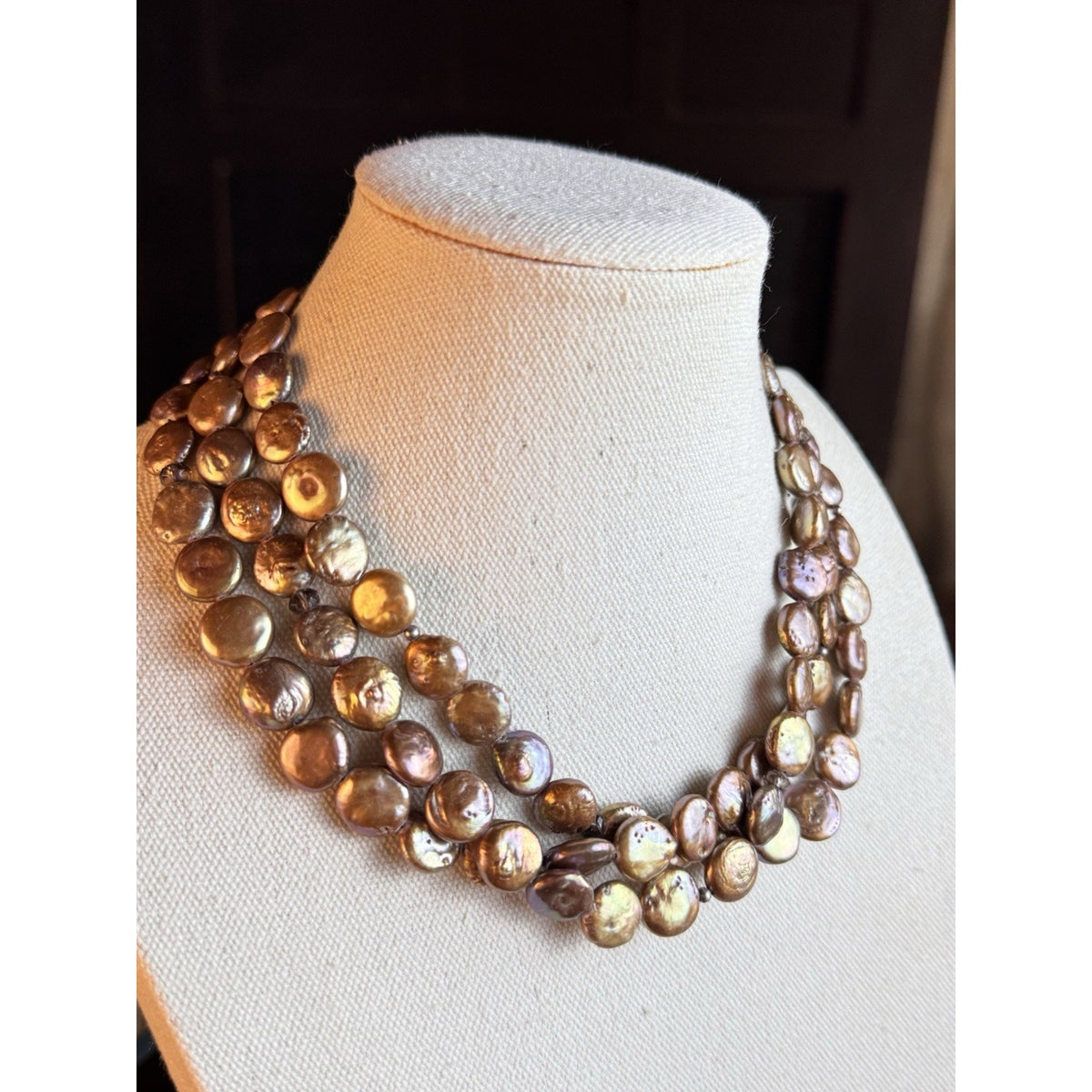 Silpada Bronze Coin Pearl Necklace 3 Strand Sterling Silver 11mm Extender 18”