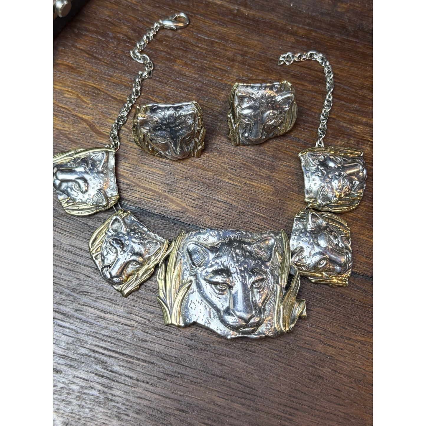 Sterling 925 Leopard Necklace Earrings Set Panther Big Cat Artisan Statement
