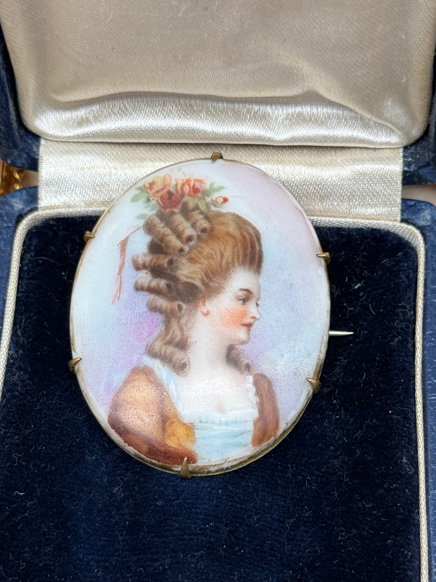 Antique French Style Miniature Brooch Porcelain Lady Roses In Hair