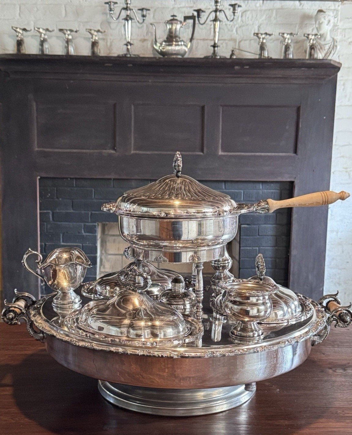 Silverplate Bain Marie Lazy Susan Server Chafing Dish 3 Covered Entree Set