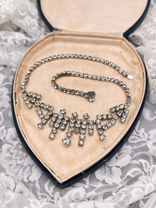 Kramer Rhinestone Necklace Signed 15.5” Vintage Silver Tone Fringe Bib