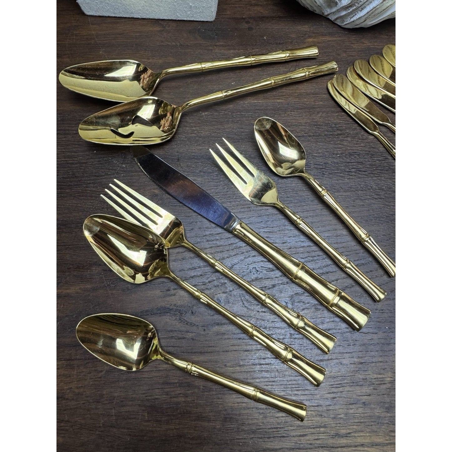 Vintage Bamboo Flatware Set Signed VS Gold Plated– 58 Pieces