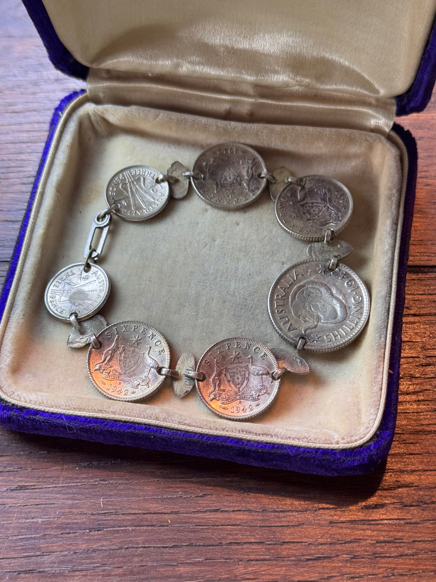 Australian Sterling Silver Coin Bracelet 7” 1942 1943 Shilling Sixpence
