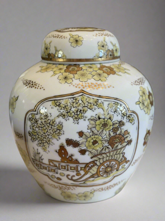 Vintage Japan Gold Imari Hand Painted Wagon/Yellow flowers Vase/Jar Porcelain 9”