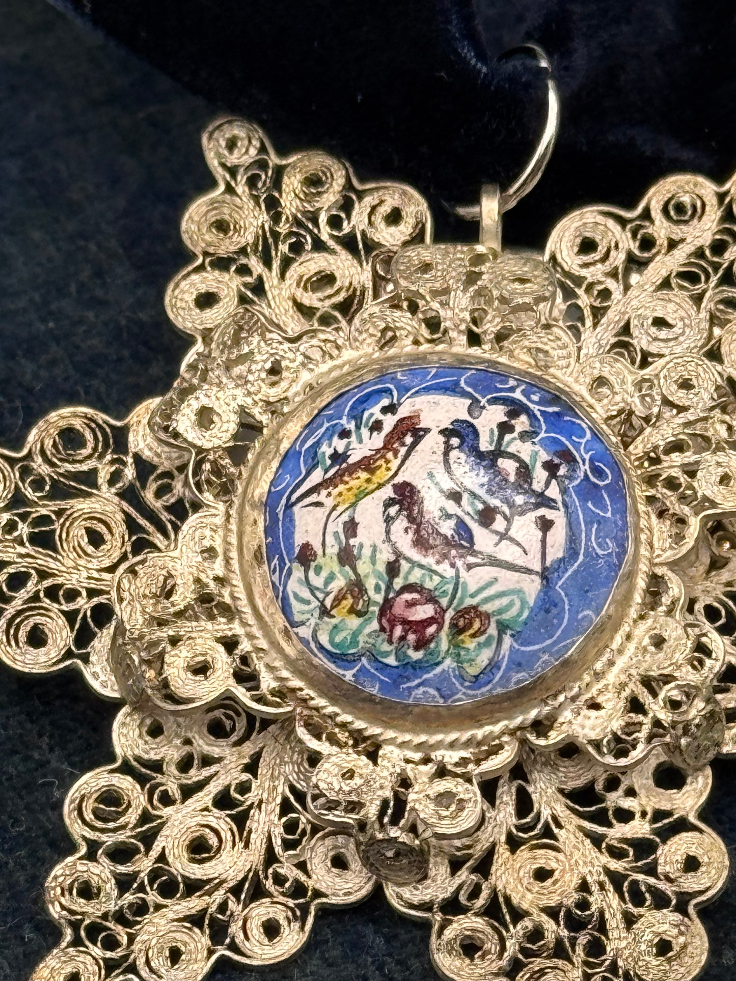 Vintage Filigree Pendant Bird Motif 2.5” Statement Necklace Silver Tone Enameled Hand Painted
