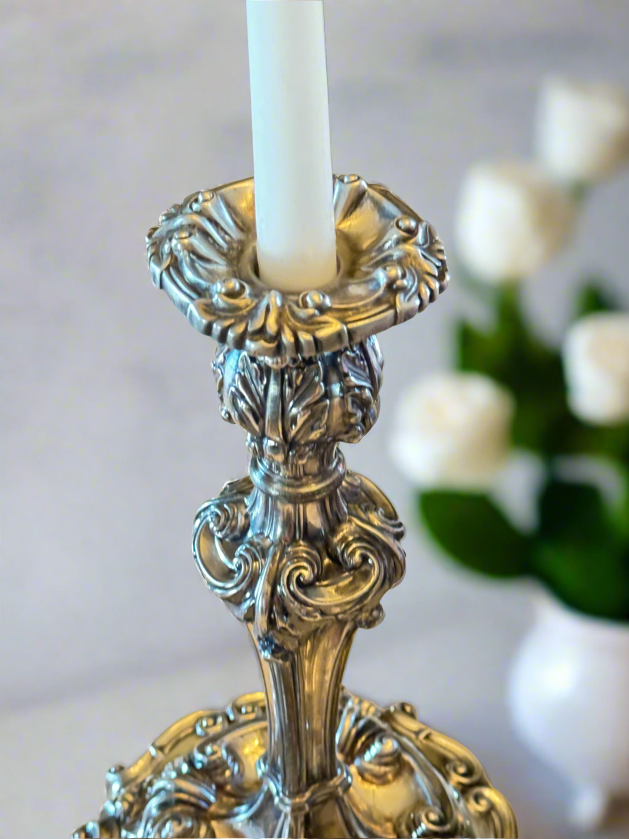 Antique Pair Candle Sticks Silverplate Reed & Barton Rococo Style Ca. 11”