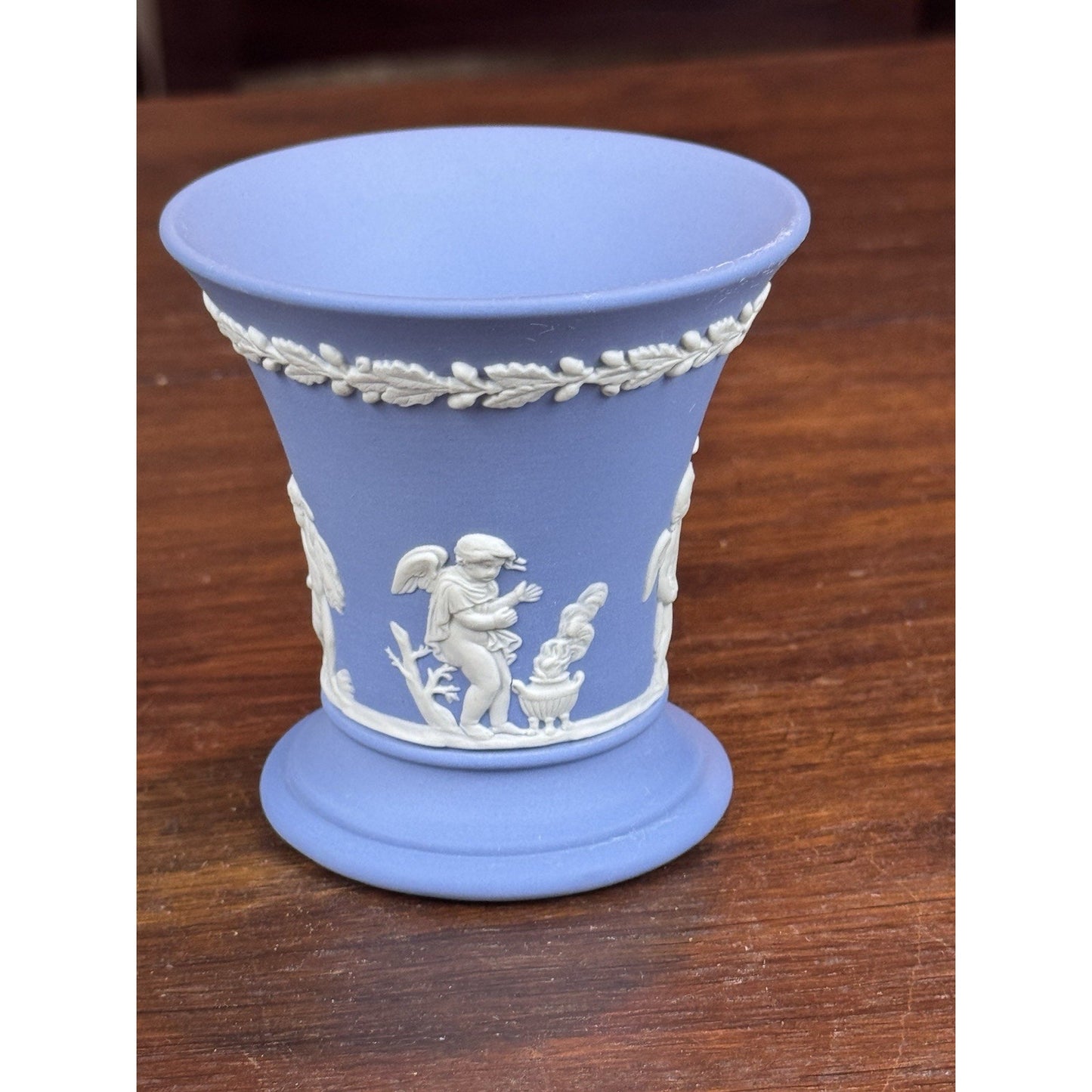Vintage Wedgwood Blue Jasperware Small Vase Cherubs Putti Classical 3.5”