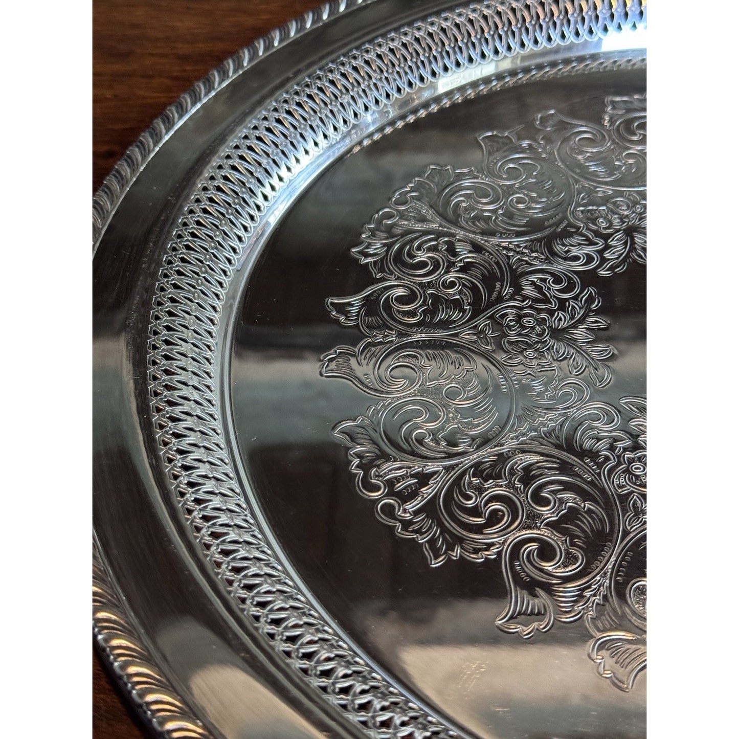 Silverplate Round Tray Reticulated 16.5” WM Rogers Engraved Serving Platter