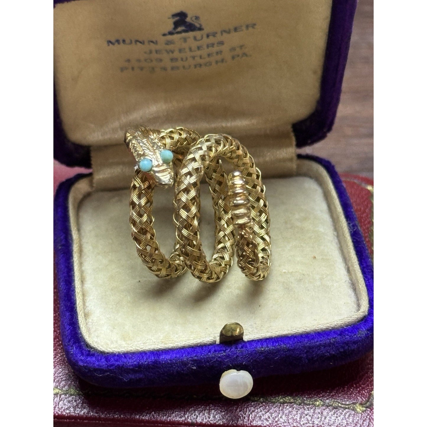 Vintage Goldtone Snake Wrap Ring Light Blue Eyes Woven Mesh Serpent Adjustable
