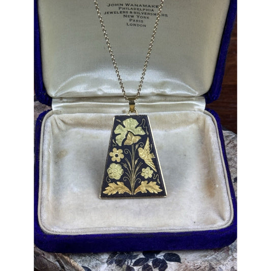 Vintage Damascene Bird Flower Pendant Necklace Gold Filled Chain 18”