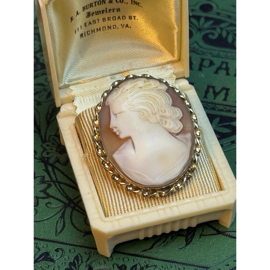 Vintage 12K Gold-Filled Left Facing Carved Shell Cameo Brooch Pendant