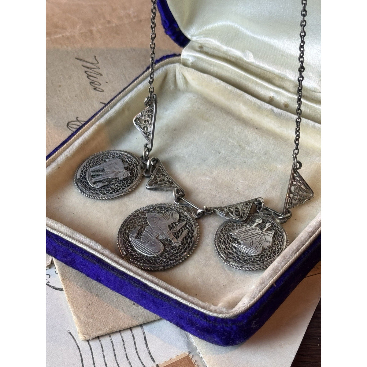 Egyptian Revival Necklace Pharaoh Pyramids Elephant Silvertone Filigree 18”