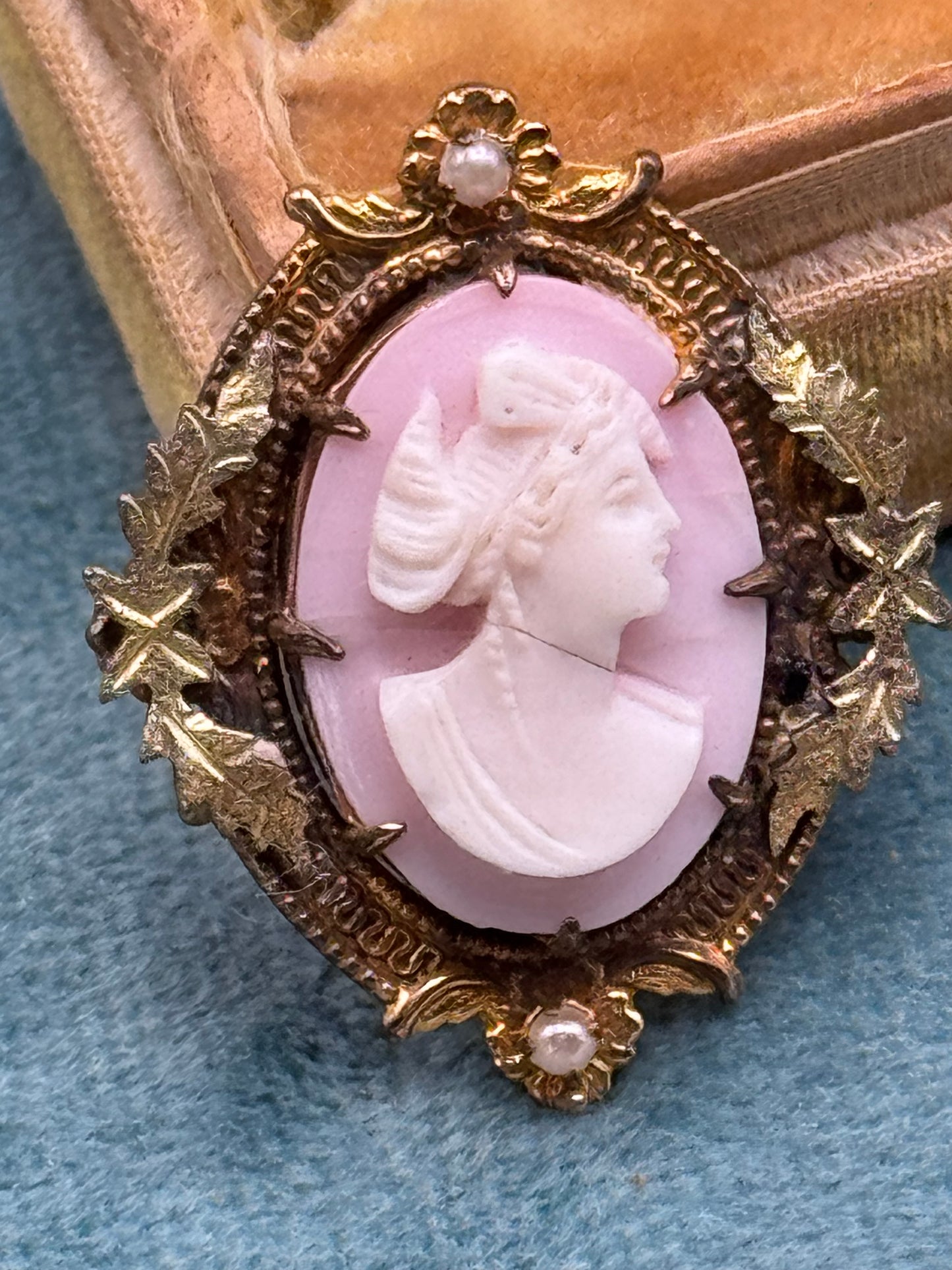 Victorian Pink Cameo Brooch Gold Filled Faux Pearl Frame Replacement Clasp
