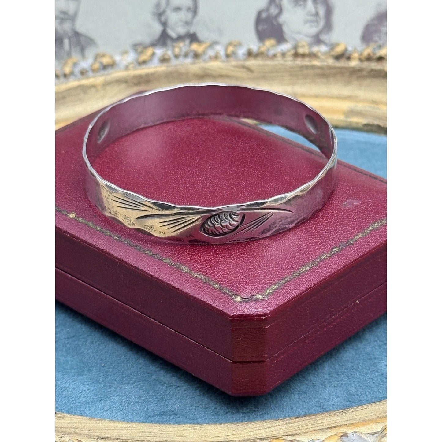 NYE Sterling Bangle Bracelet Pinecone Engraved 7.75” VINTAGE