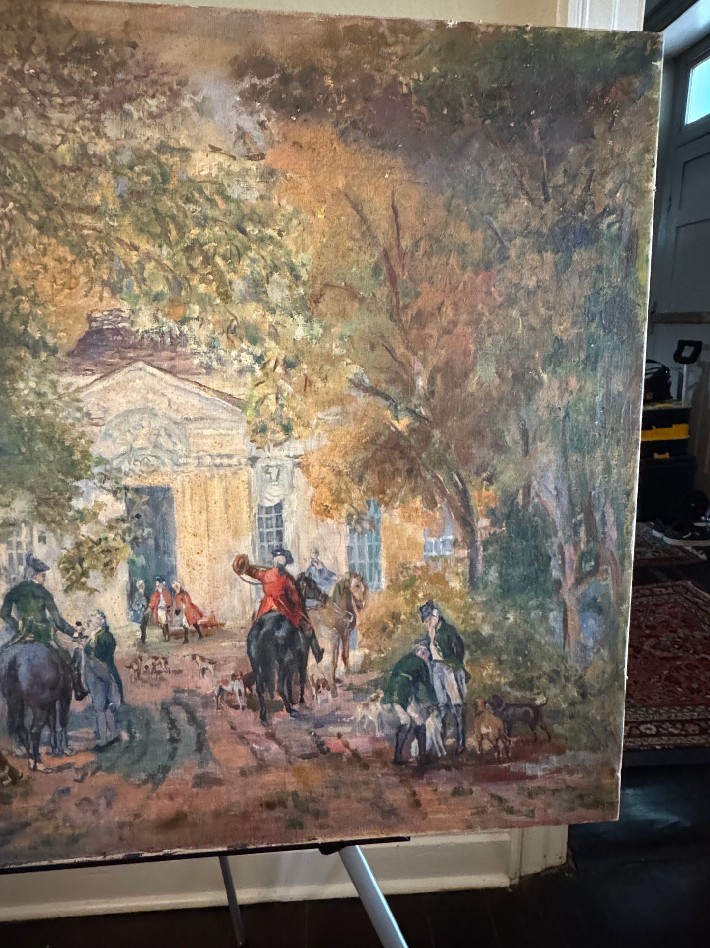 Vintage Oil Painting Fox Hunt Scene Country House Equestrian 35 X 25”