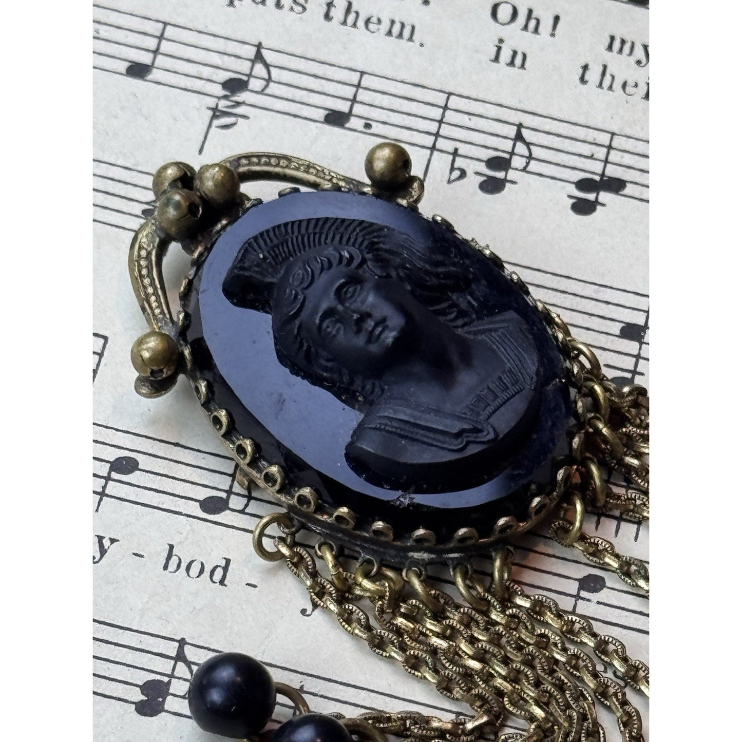 Black Cameo Brooch B Blumenthal & Co Goldtone Dangle Fringe 3.75” DAMAGED!