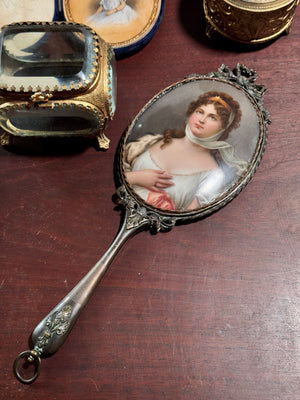 Antique Hand Painted Portrait Hand Held Mirror showing Queen Louise Of Prussia 10.5” Hand Painted