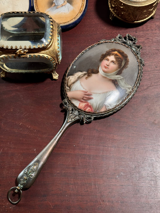 Antique Hand Painted Portrait Hand Held Mirror showing Queen Louise Of Prussia 10.5” Hand Painted