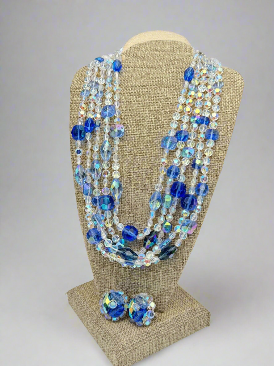 Vintage Blue & Clear AB Crystal 5 Strand Necklace & VOGUE Earrings Ca. 1960s