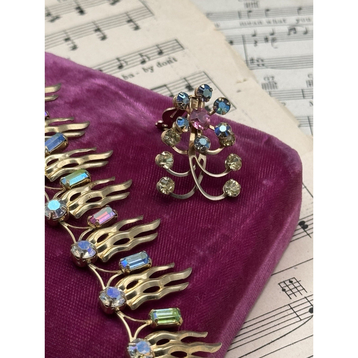 Mid Century Rhinestone Necklace Earrings Set Multicolor AB Goldtone 16”