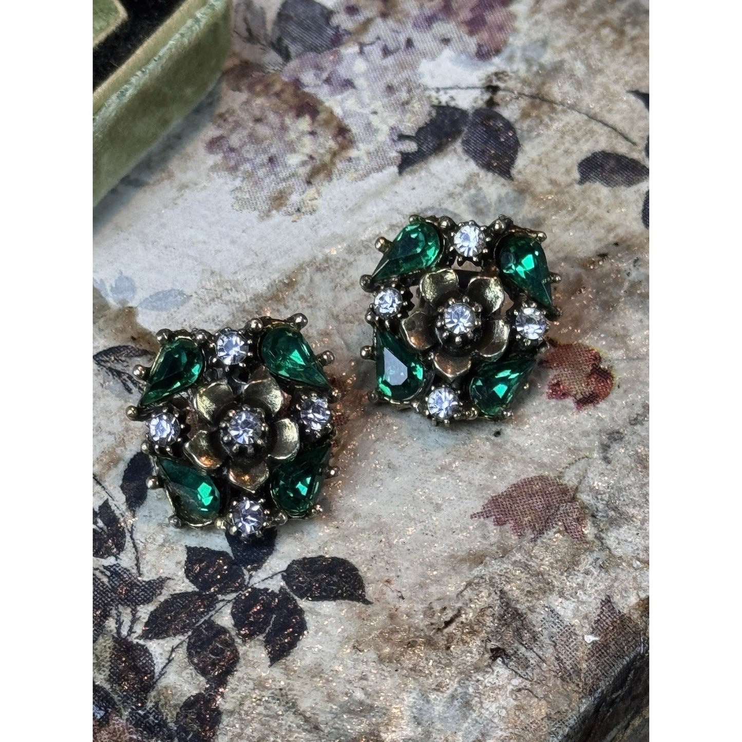 Vintage Rhinestone Clip Earrings Green Flower Floral Statement .75”