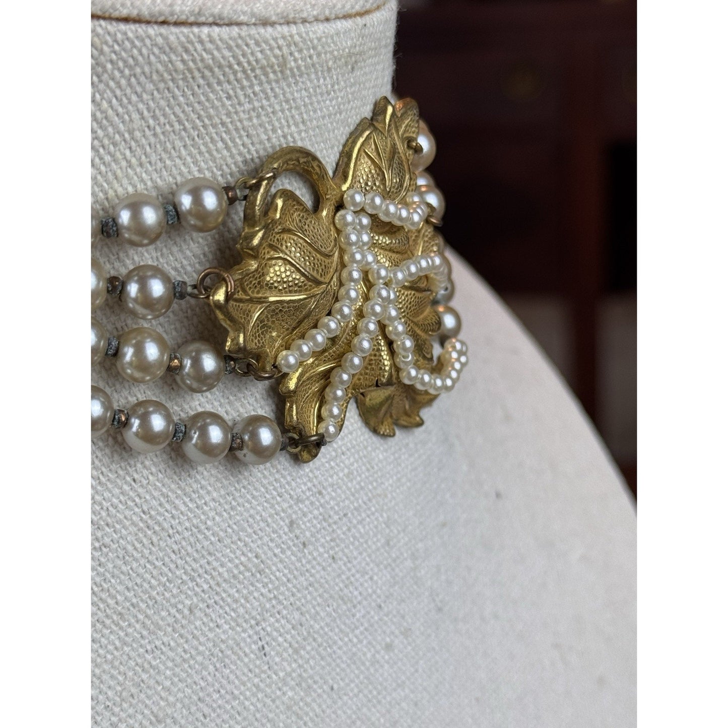 Miriam Haskell Choker Necklace 4 Strand Faux Pearl Goldtone Leaf 18” READ‼️