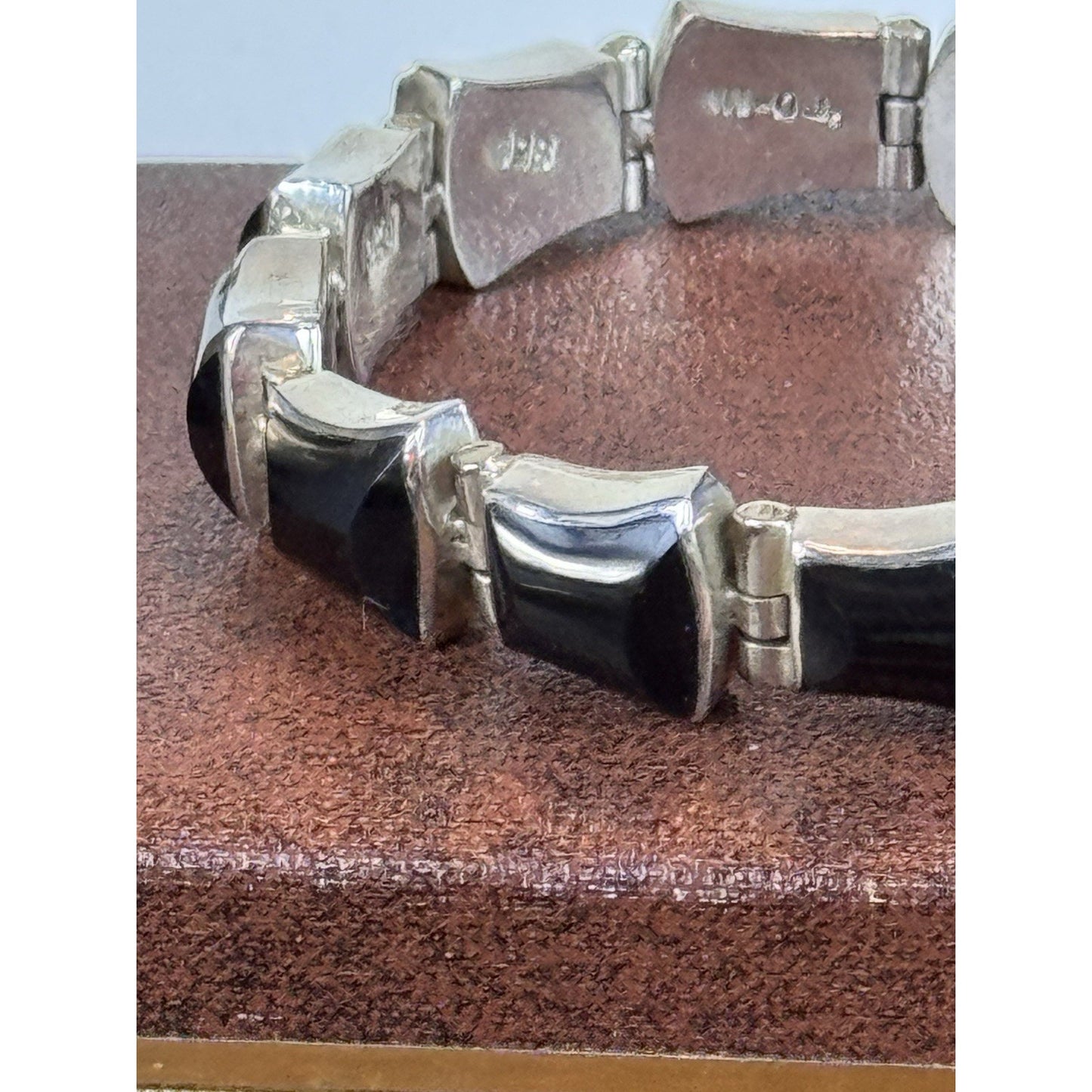 Vintage Mexico 950 Silver Bracelet Black Onyx Articulated Link 7” Modernist