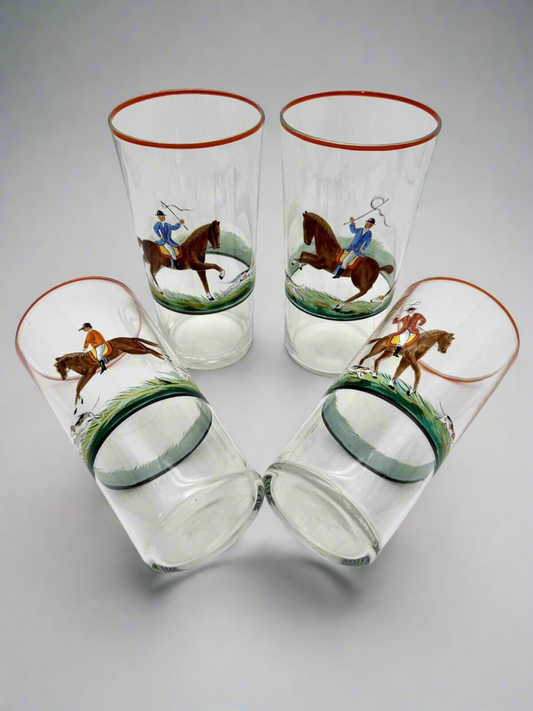 Set Of 4 Hand Painted Equestrian High Ball Glass Set VINTAGE - ESTATE FIND