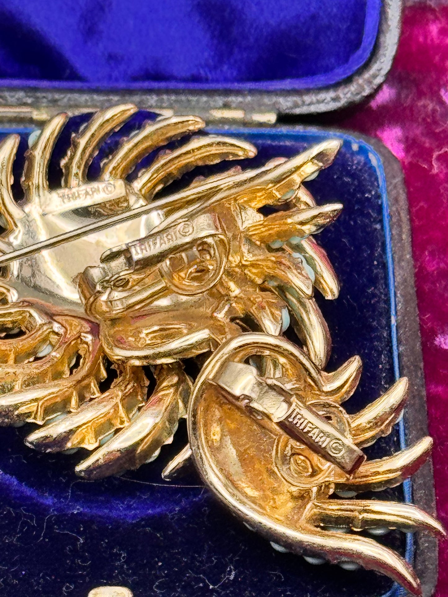 Vintage Brooch Clip Earrings Set Crown Trifari Turquoise Bead Demi Parure