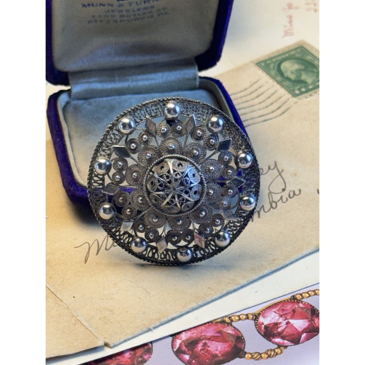 990 Silver Cannetille Filigree Brooch Antique Style Round Statement Pin 1.75"