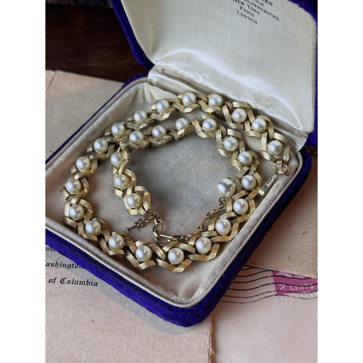 Vintage Trifari Faux Pearl Necklace Brushed Goldtone Signed Adjustable 16” x .5”