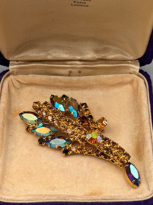 Vintage AB Rhinestone Brooch Goldtone Floral Spray Statement Pin 4” Large