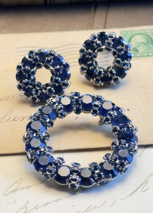 Vintage Warner Blue Rhinestone Brooch Clip On Earrings Set Signed 1.75”