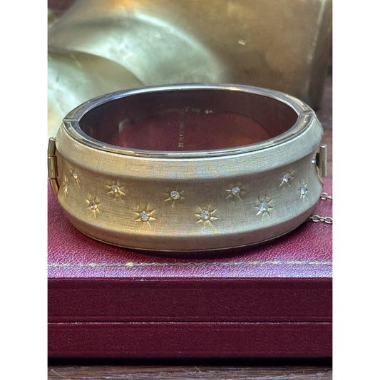 Vintage Schrager Rhinestone Hinged Bangle Bracelet Goldtone Safety Chain 6.5”