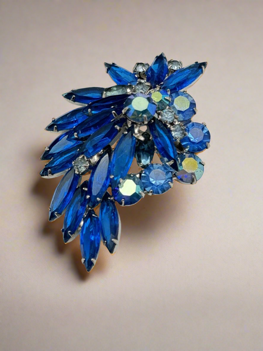 Vintage Electric Blue Rhinestone Brooch AB Accents Estate Find