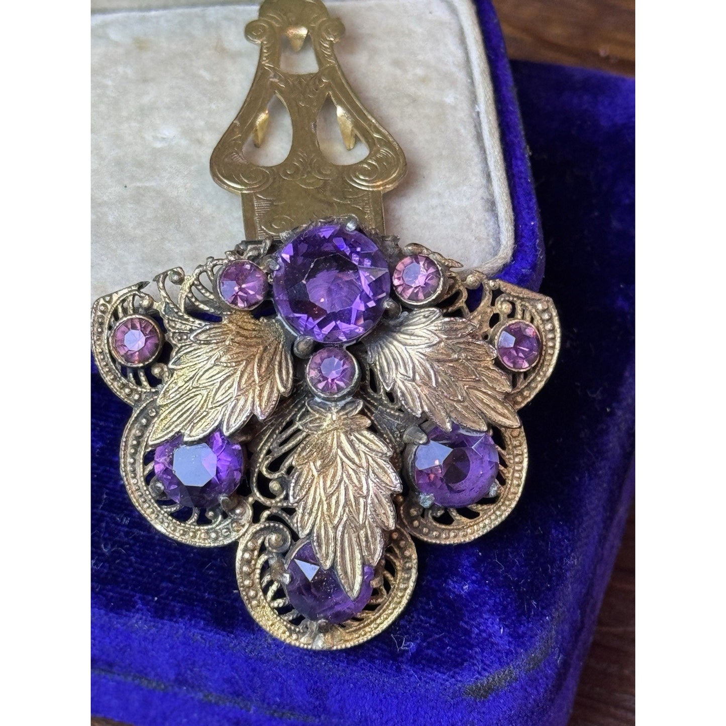 Antique Dress Clip Czech Style Purple Paste Goldtone Filigree Leaf Jewelry 1.75”