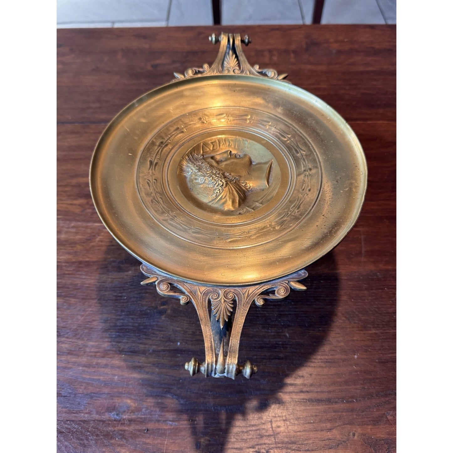 Antique Brass Tazza Compote Classical Medallion Pedestal Dish 14” Handles