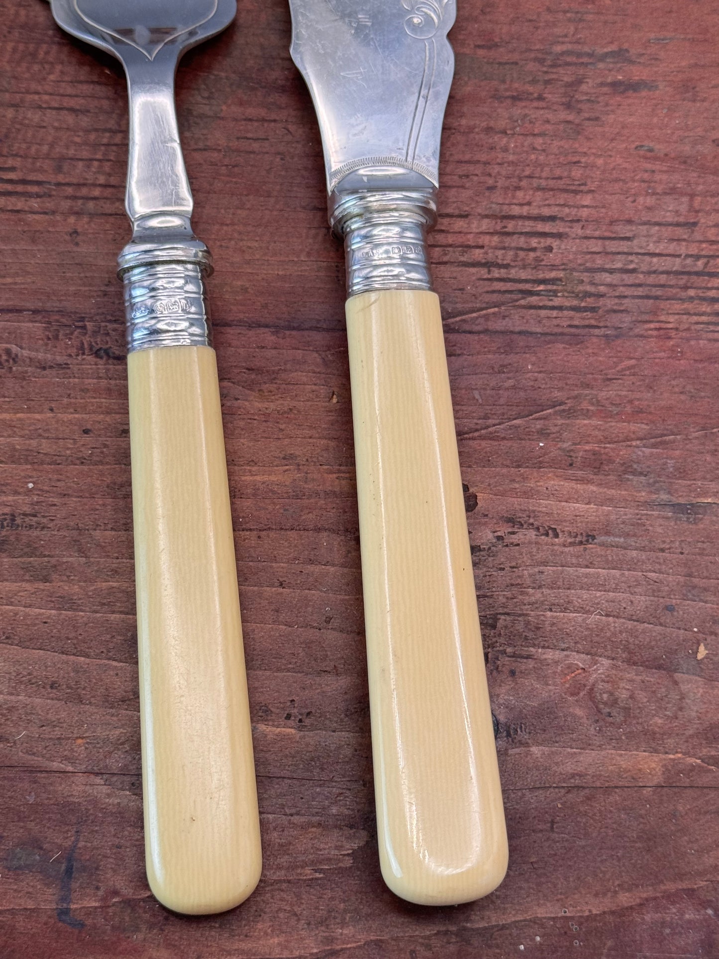 Antique EPNS Fish Set Sterling Ferrules Celluloid Handles 11” Knife 8.5” Fork