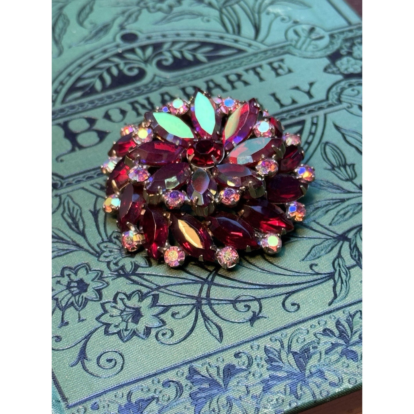 Vintage Garné Brooch Pin Jewelry Red AB Rhinestone Statement Floral Design 2”
