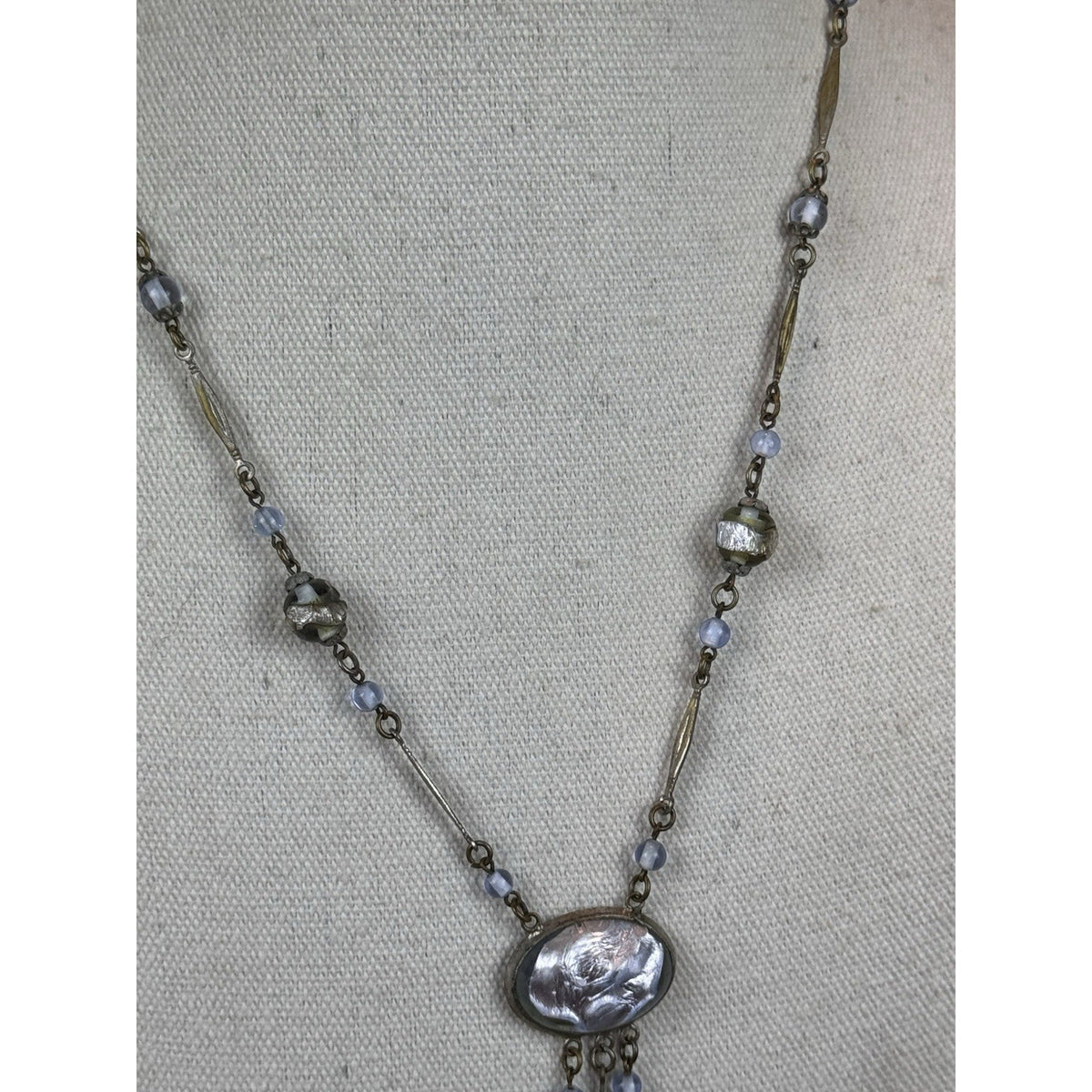 Antique Czech Style Art Glass Necklace Blue Green Glass Dangle Drop 20”
