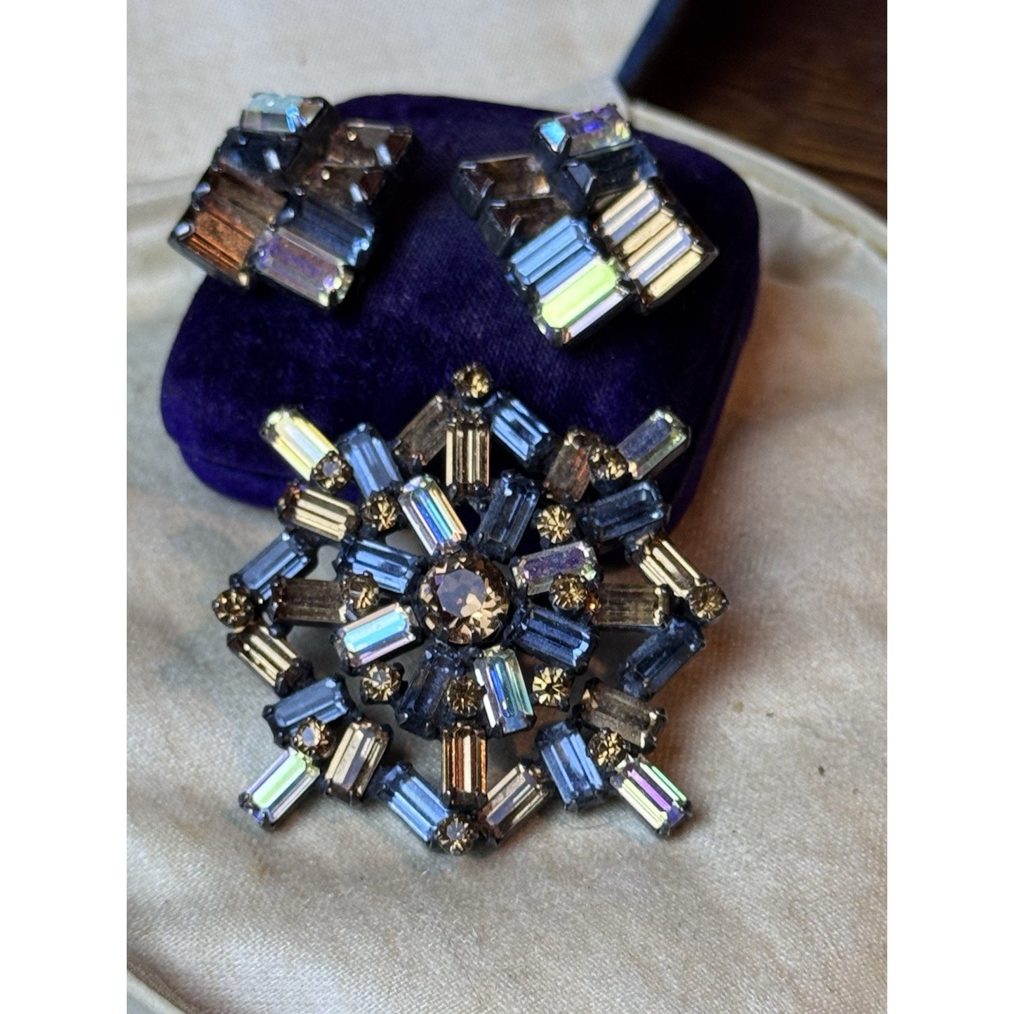 Signed Weiss Blue Bronze AB Rhinestone Demi Parure