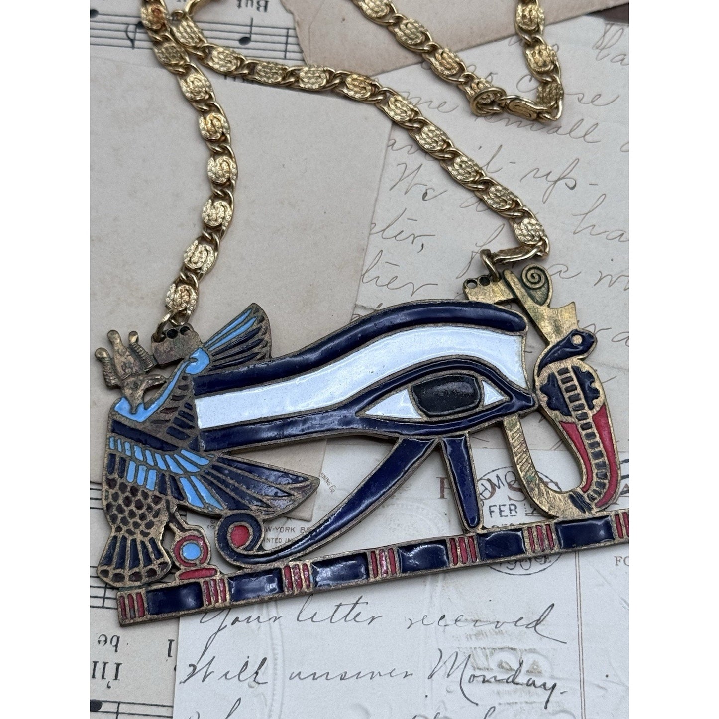 Vintage Egyptian Revival Eye of Horus Enamel Brass Statement Necklace 24”