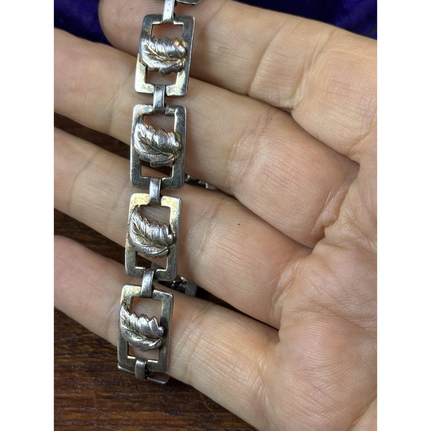 Vintage Sterling Silver Leaf Link Bracelet Gold Accents 7.25” Botanical Design