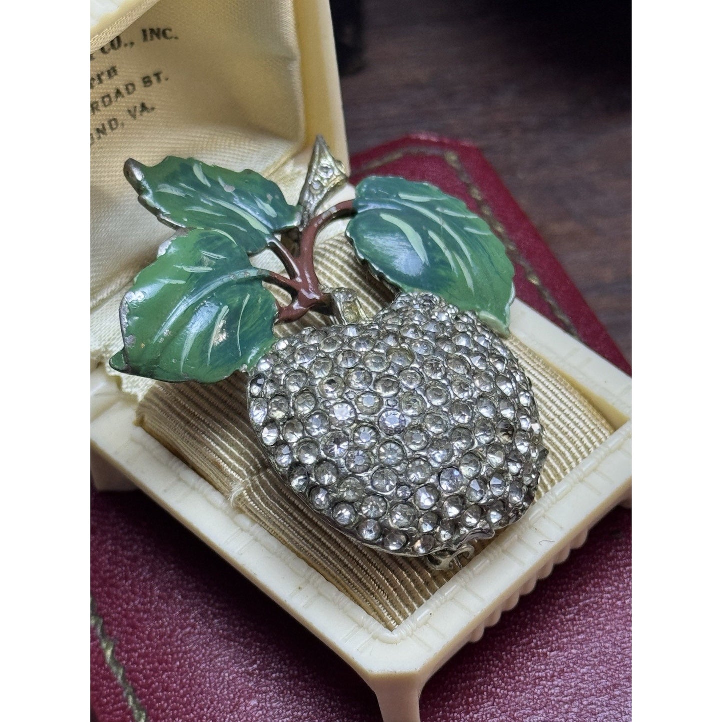 Vintage Rhinestone Apple Brooch Green Enamel Leaves Figural Fruit Pin