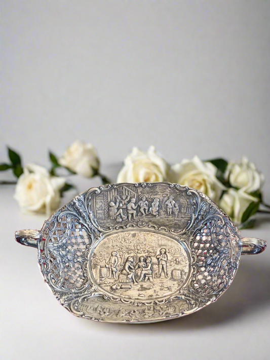 Silverplate Basket ANTIQUE Dutch Scenes Reticulated Repoussé Handled By DERBY