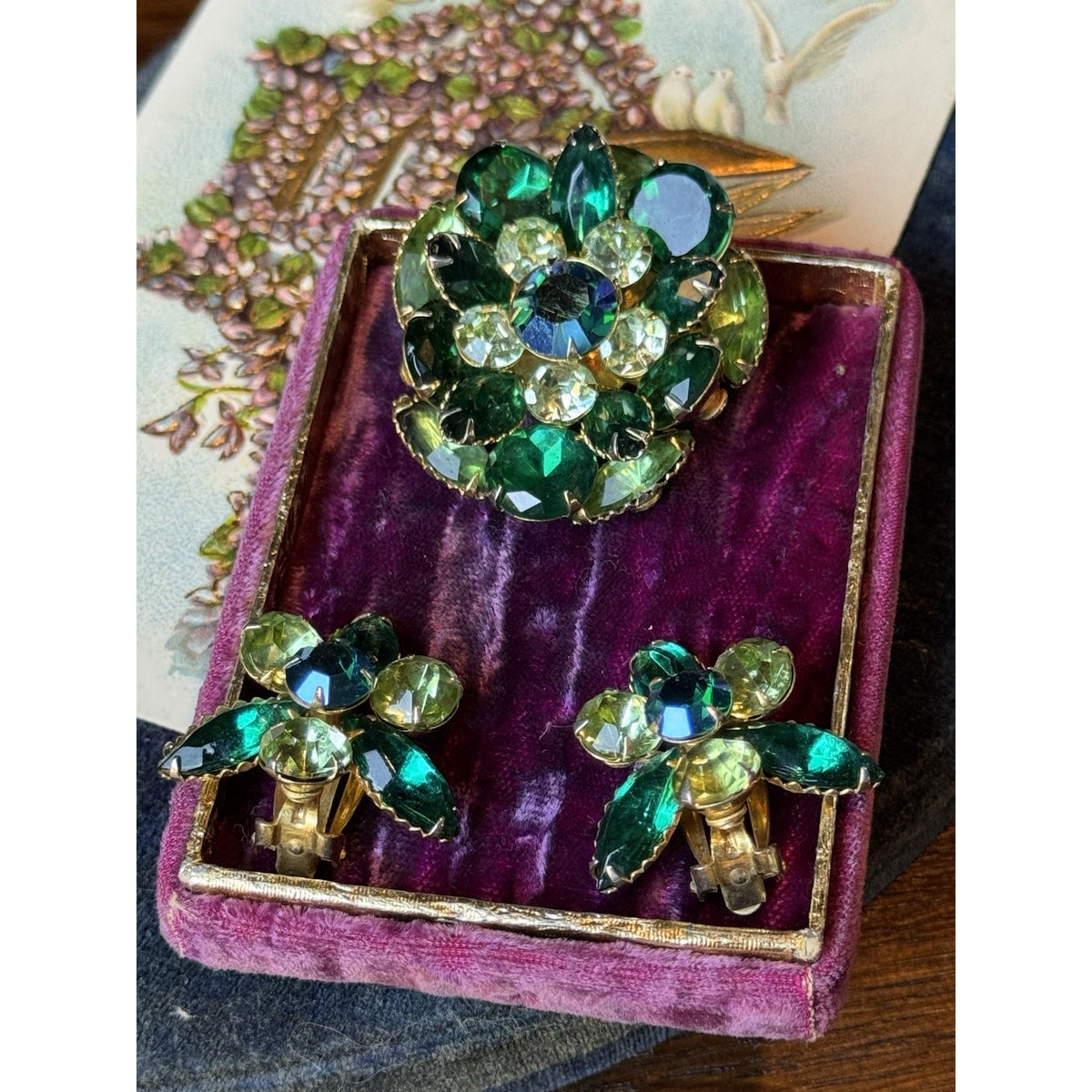 Beau Jewels Brooch Earrings Set Green Rhinestone Goldtone Clip On 1.75” Vintage