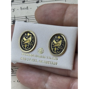Toledo Damascene Bird Earrings 24K 18K Gold Inlay Spain .75”