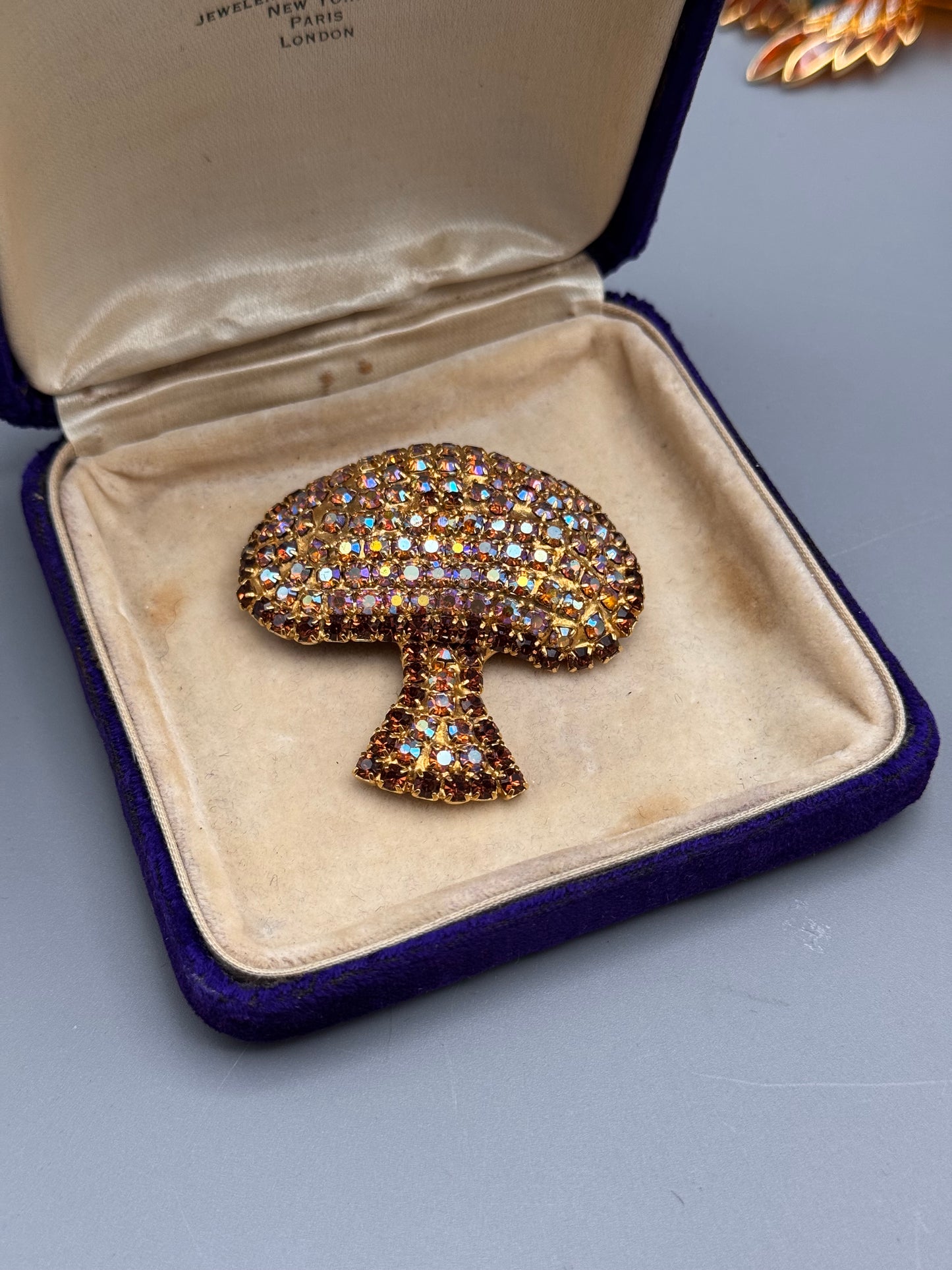 Vintage Rhinestone Mushroom Brooch Goldtone Aurora Borealis 2″