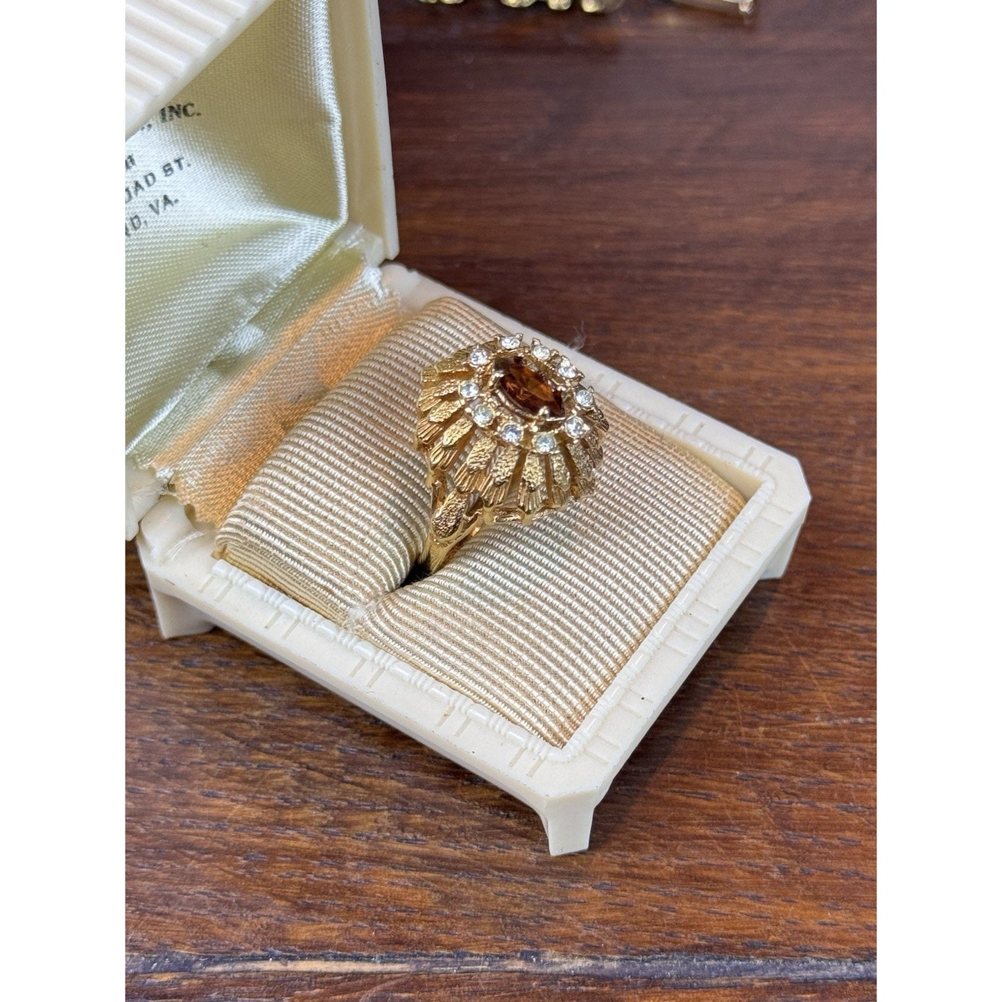 Cocktail Ring Size 8 Goldtone Brown Clear Rhinestone Statement Jewelry